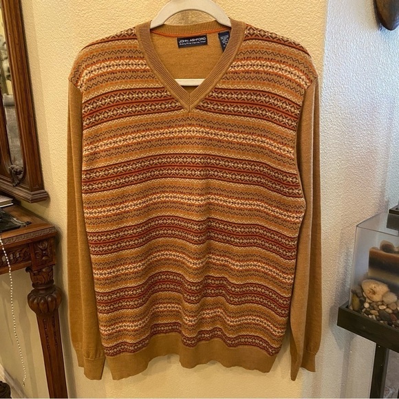 JOHN ASHFORD 100% Extra Fine Merino Wool Earthy Color V-Neck Sweater Size XL - Picture 1 of 7